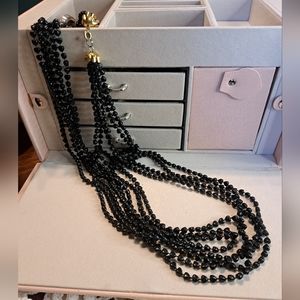 Vintage Black Acrylic Heart Beaded 6 Strand Necklace 30"L with Gold Tone